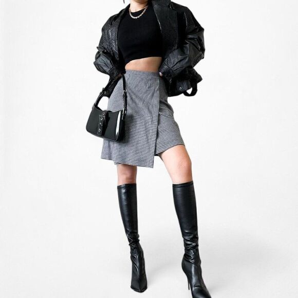 Vintage Y2K Jones New York Navy Blue Checkered Knit Knee Length Skirt Size S - Picture 1 of 6